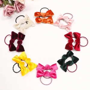 Eight colors velvet bow hair ties set for kids, handmade soft elastic scrunchies collection