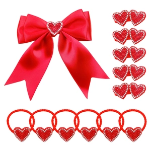 Valentinstag Haarschmuck-Set in Rot mit Herz-Strasssteinen, Schleifen und Gummis