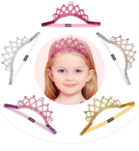 Detail view of five glitter crown headbands with sequins and faux pearls for kids