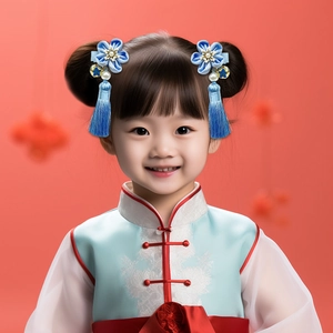 Detail einer blauen Haarspange im chinesischen Stil mit Quasten und Perlen an einem Mädchen