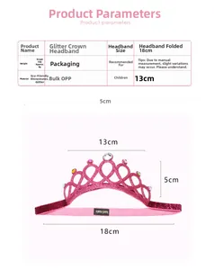 Pink glitter crown headband detail with dimensions and sparkling rhinestones for girls