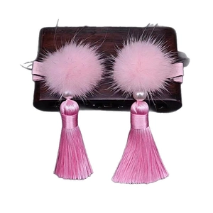 Pink faux fur pompom hair clips with tassels and pearls for girls hanfu costume