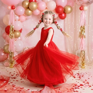 Close-up of a festive red girls' tulle dress featuring lace bodice and layered mesh skirt
