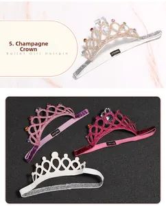 Close-up of glitter elastic headbands with rhinestone crown and pearls in various colors