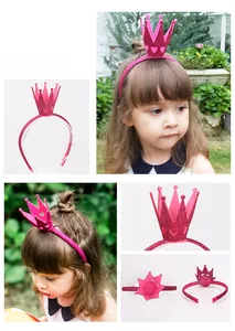 Detail of rose red glitter crown headband for girls with hollow heart patterns