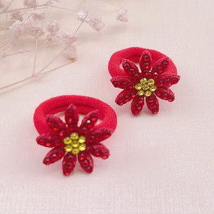 Red flower hair ties set for girls with sparkling rhinestones and high elastic bands