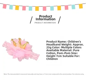 Pink lace children headband featuring a large mesh flower with a gold crown detail