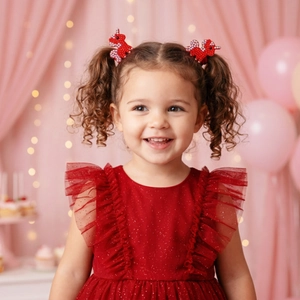 Close-up of red sequin dress and unicorn hair clip with pearls for young girls
