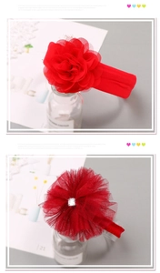 Detail view of red lace flower headbands with elastic band and sparkling rhinestone center