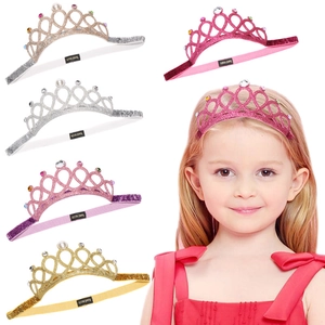 Kids Princess Glitter Crown Headband Rhinestone Faux Artificial Pearl Elastic Hair Band Birthday Party Baby Girls Hair Accessories