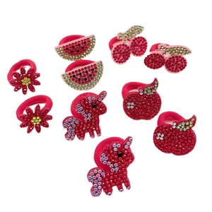 Kids red rhinestone fruit hair ties set featuring cherry and apple glitter designs