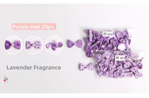 Detail of 20pcs purple bow hair clips with solid and heart polka dot patterns