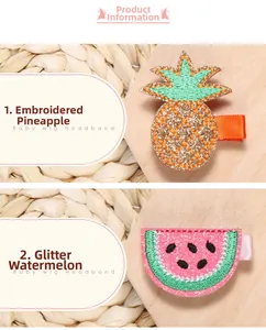Détail de barrettes pour bébé avec broderie ananas et pastèque à paillettes avec ruban