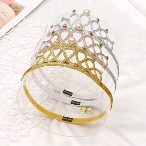 Three-piece set of sparkling glitter crown headbands with faux pearls and rhinestones