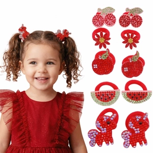 Bright Red Rhinestone Fruit Unicorn Hair Ties Set For Kids High Elastic Artificial Pearl Decor Sweet Hair Accessories