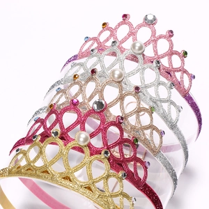 Five assorted glitter crown headbands for girls featuring white pearls and colorful rhinestones