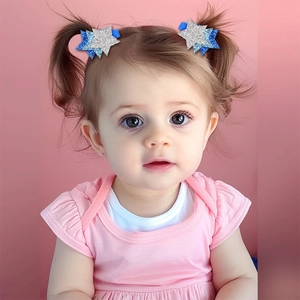 Detail von Baby mit glitzernden blau-silbernen Stern-Haarspangen auf rosa Hintergrund
