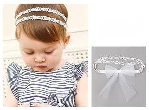 Détail du bandeau en dentelle blanche pour bébé avec paillettes et nœud organza