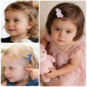 Détail de barrettes pailletées pour bébés avec renard, lapin et baleine en tissu
