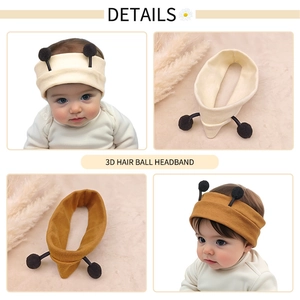 Baby cotton headband with 3D bee antenna pom-poms in cream and mustard colors