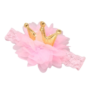 Pink lace baby headband with layered chiffon flower and gold crown embellishment