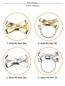 Détails de nœuds en cuir PU métallisé or et argent sur pinces à cheveux et élastiques