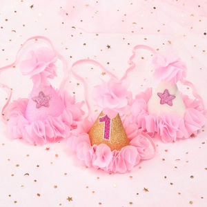 Detailed set of glittery party hats with star patterns and numeral 1 for first birthdays