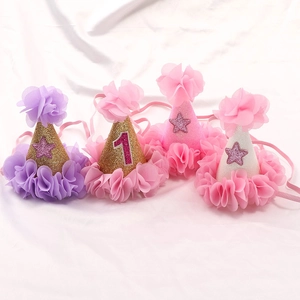 Sparkly glitter birthday party mini hats for kids with chiffon flowers and gold stars
