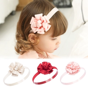 Elastic satin rose headbands for baby girls in pink, white, and red floral designs