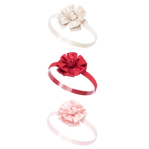 Three-piece set of satin rose baby headbands in off-white, red, and pink colors