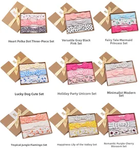 Detailed grid of 9 different pink infant headband sets in craft gift boxes