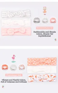 Close-up of soft cotton baby headbands featuring bows, stripes, and flamingo prints