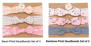 Three-pack set of baby headbands featuring swan and rainbow prints with handmade labels