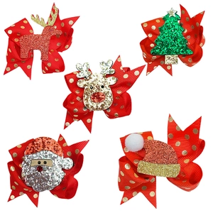 Set di 5 fermagli natalizi con fiocchi rossi decorati con Babbo Natale e renne