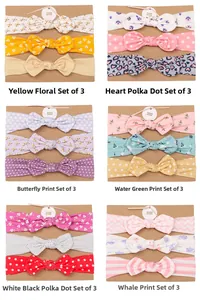 Detail view of 3-pack baby headband sets featuring cute floral and polka dot patterns