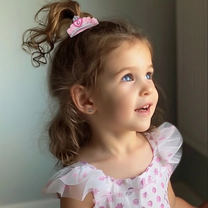 Gros plan d'une pince à cheveux couronne rose avec broderies et paillettes pour enfant