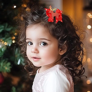 Bambina con fiocco rosso a pois e renna glitterata dorata per capelli natalizi