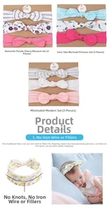 Detail of soft cotton baby headbands with bowknot designs and wire-free seamless construction