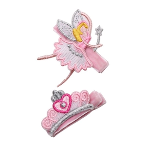 Barrettes à cheveux en velours rose avec fée et couronne brodées pour filles
