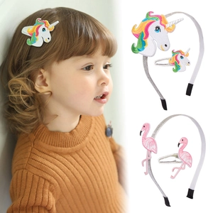 Set accessori per capelli bimbi con ricami di unicorno e fenicottero e cerchietto