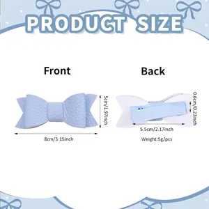Lychee pattern leather bow hair clip with size chart for girls, glitter accent in light blue