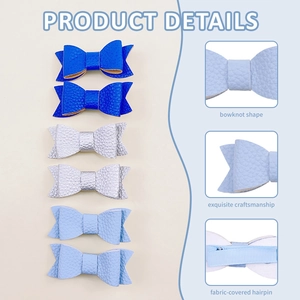Three-piece litchi texture leather bow hair clips in blue and silver glitter finish