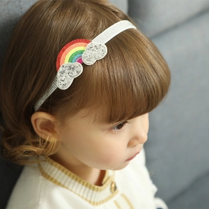 Toddler white glitter headband with rainbow and clouds motif for little girls
