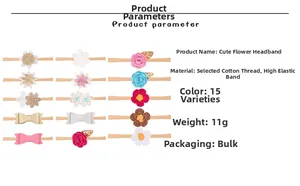 Detailed parameter chart for cute cotton flower baby headbands in 15 different styles
