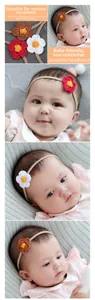 Detail of handmade crochet flower baby headband with soft high-elastic nylon band