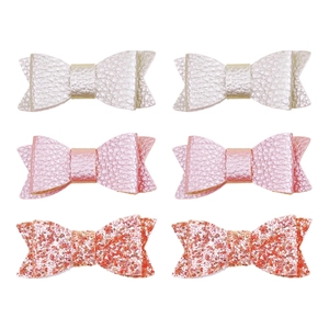 6PCS lychee leather and glitter sequin bow hair clips set for girls in three colors