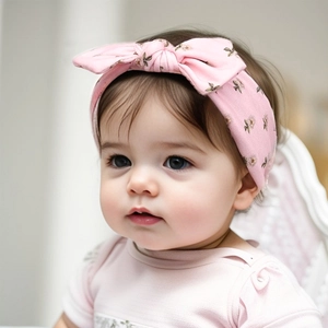 Détail du bandeau bébé rose à fleurs avec un grand nœud en coton doux et élastique