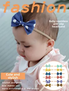 Detail of seamless baby bow headbands featuring soft elastic nylon and various fabric patterns