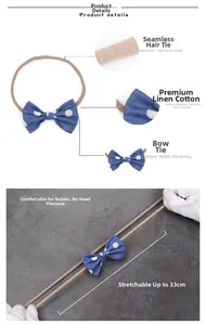 Detail of blue polka dot baby headband showing high elastic nylon and 33cm stretch