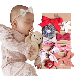 Baby bow headband set with floral patterns and elastic nylon band for infant photography